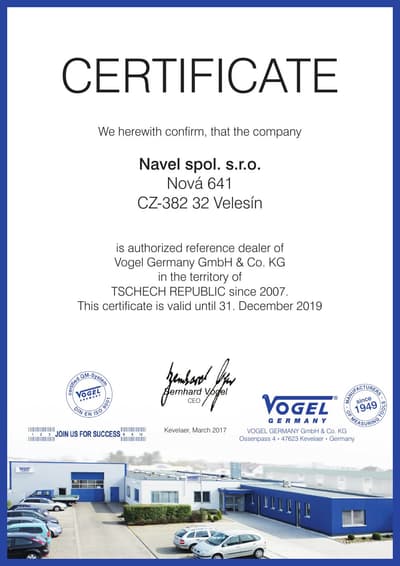 Certifikát od společnosti Vogel